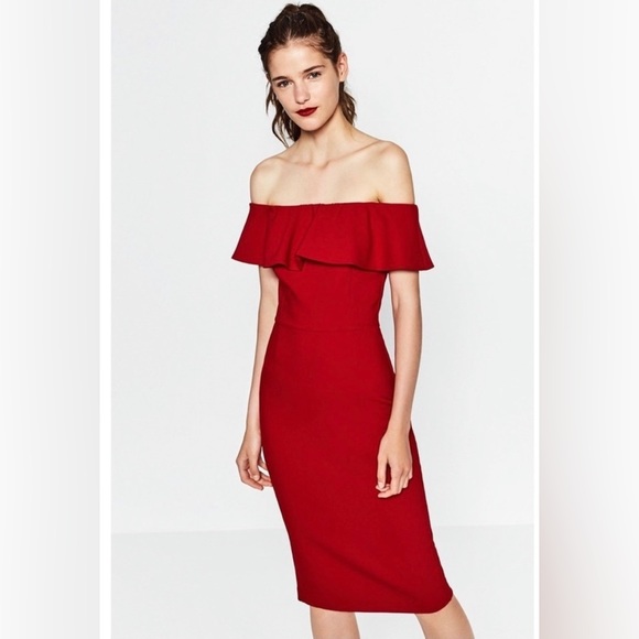 Zara Basics Off the Shoulder Red Dress - Picture 1 of 13